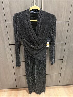 RACHEL Rachel Roy Black Metallic Wrap-Front Long Sleeve Dress